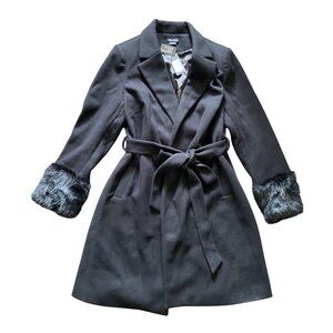 City Chic Black Coat Fluffe – Size 16 Faux Fur Cuff Belted Jacket NEW